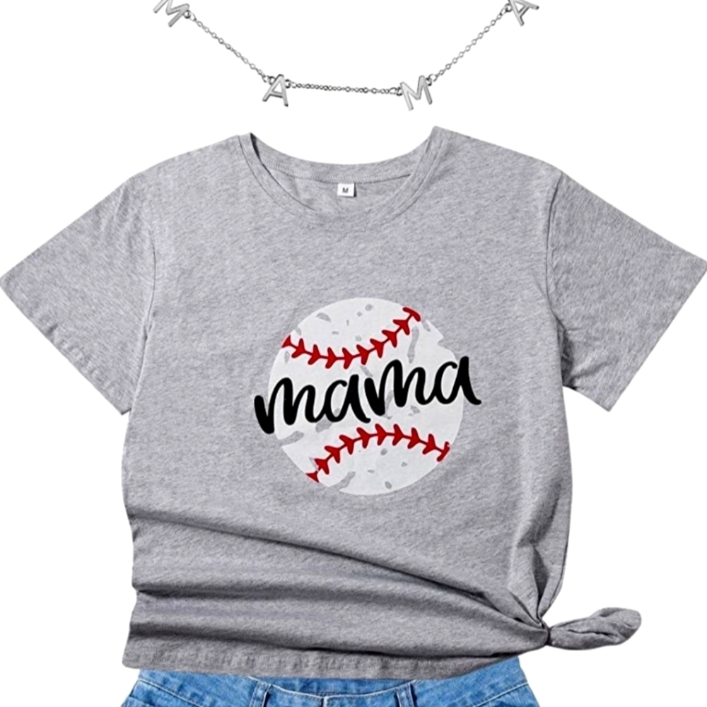 2 Pcs Women Baseball Mama Tee (Large) Mama Necklace Silver Adjustable - Picture 2 of 5